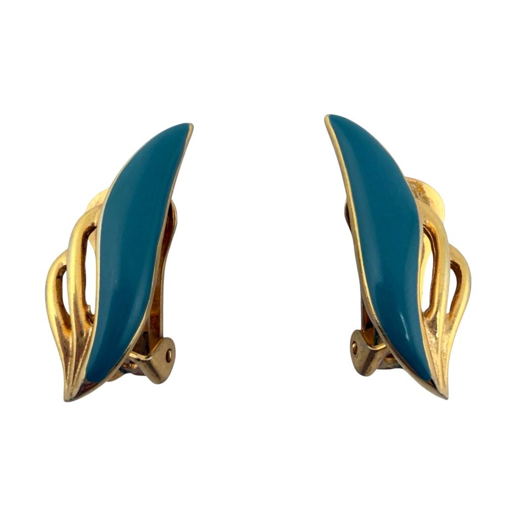 Vintage Avon 1980s 1990s Teal Enamel Flame Gold Tone 1.25" Clip On Earrings
